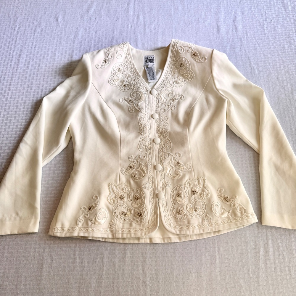 R&M Richards Ivory Soutache Embroidered Beaded Blazer Jacket Vintage Size 12